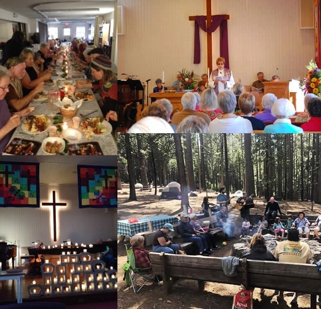 Outreach and Social Justice gathering, church interior and outdoor event collage